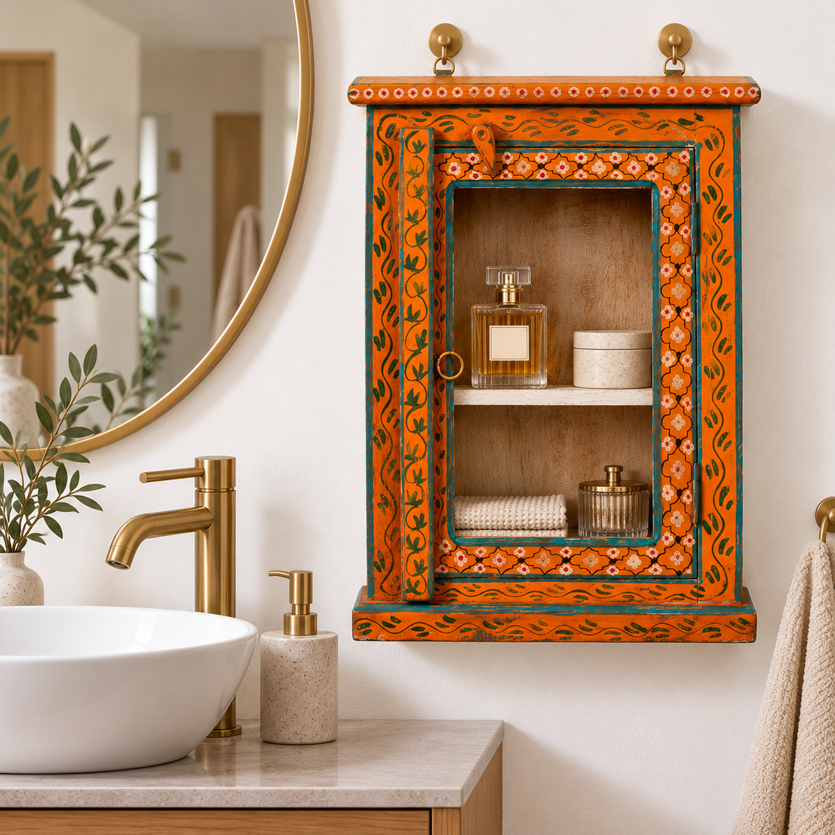 Lifestyle image of a Lokesh hand-painted reclaimed wood wall cabinet with orange floral decoration, turquoise accents, glass door and interior shelf, 40x15x52cm