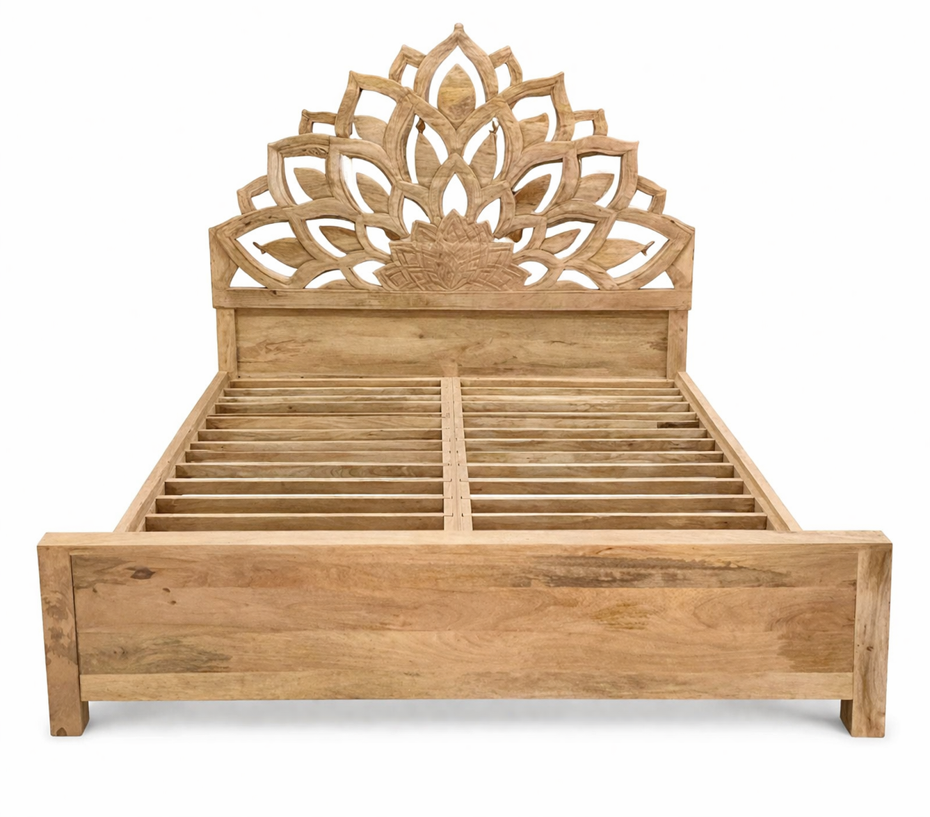 White background image of a hand-carved wooden bed frame in mango wood featuring an intricate lotus flower design – Lotus bed 180x200 cm by Om Home & Garden