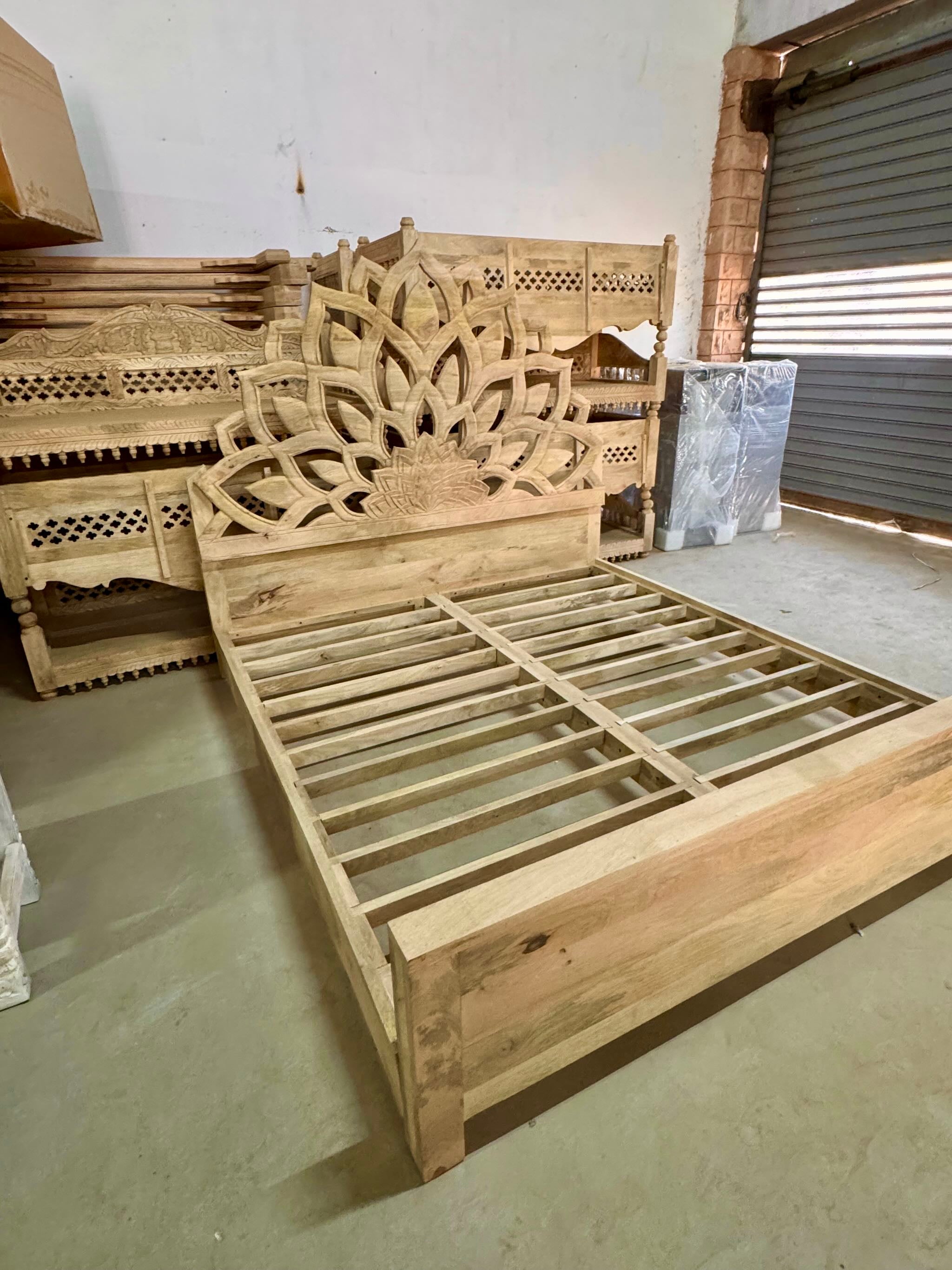Hand-carved wooden bed frame in mango wood featuring an intricate lotus flower design – Lotus bed 180x200 cm by Om Home & Garden