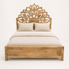 Image of a hand-carved wooden bed frame in mango wood featuring an intricate lotus flower design – Lotus bed 180x200 cm by Om Home & Garden