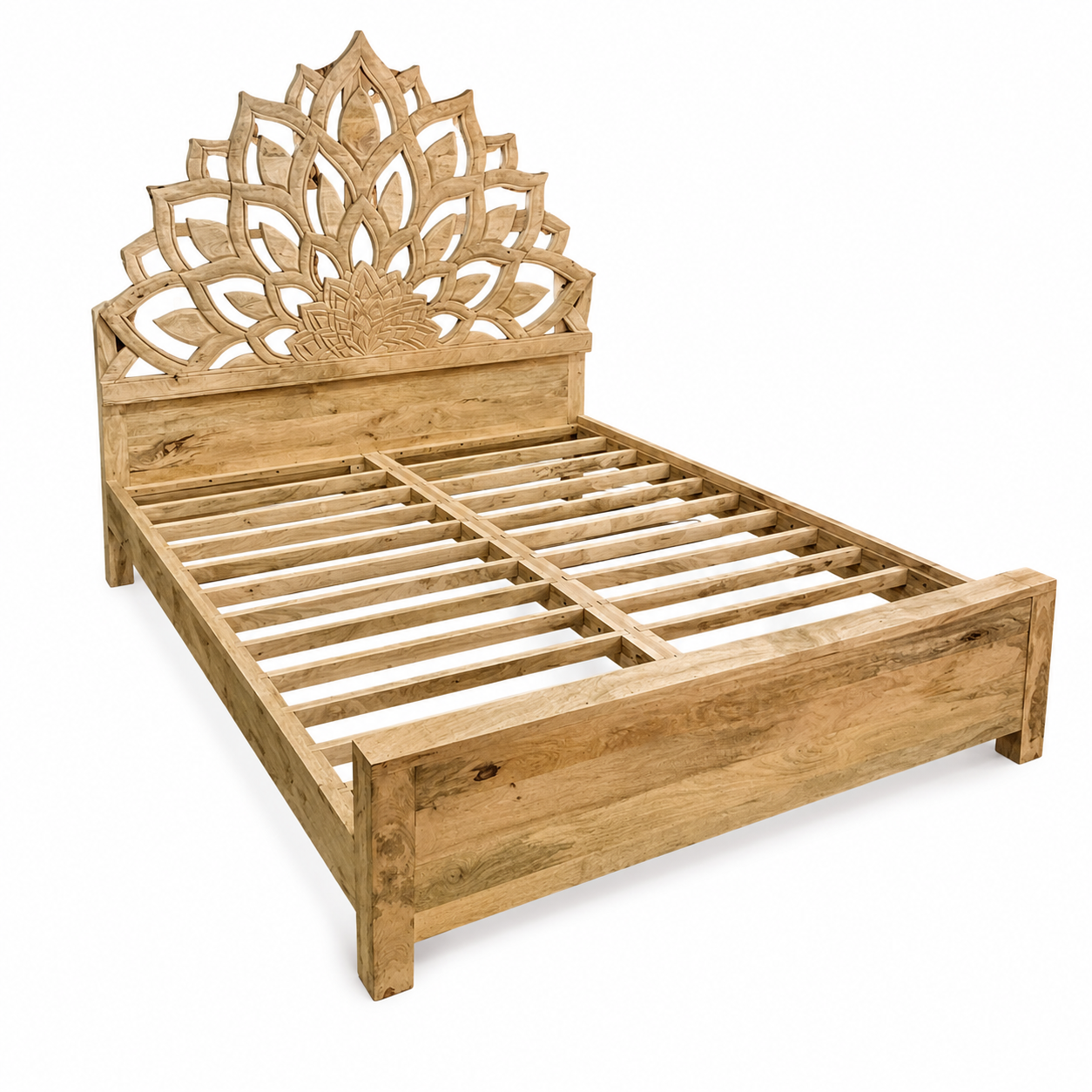 Side angle image of a hand-carved wooden bed frame in mango wood featuring an intricate lotus flower design – Lotus bed 180x200 cm by Om Home & Garden