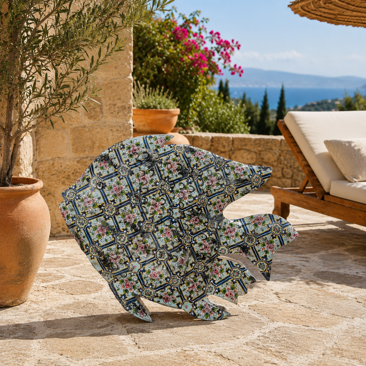 Lifestyle image of a Maah hand painted freestanding metal fish sculpture featuring Delft-inspired blue tile patterns with pink floral motifs, handcrafted decorative home accessory, 107x15x80cm.