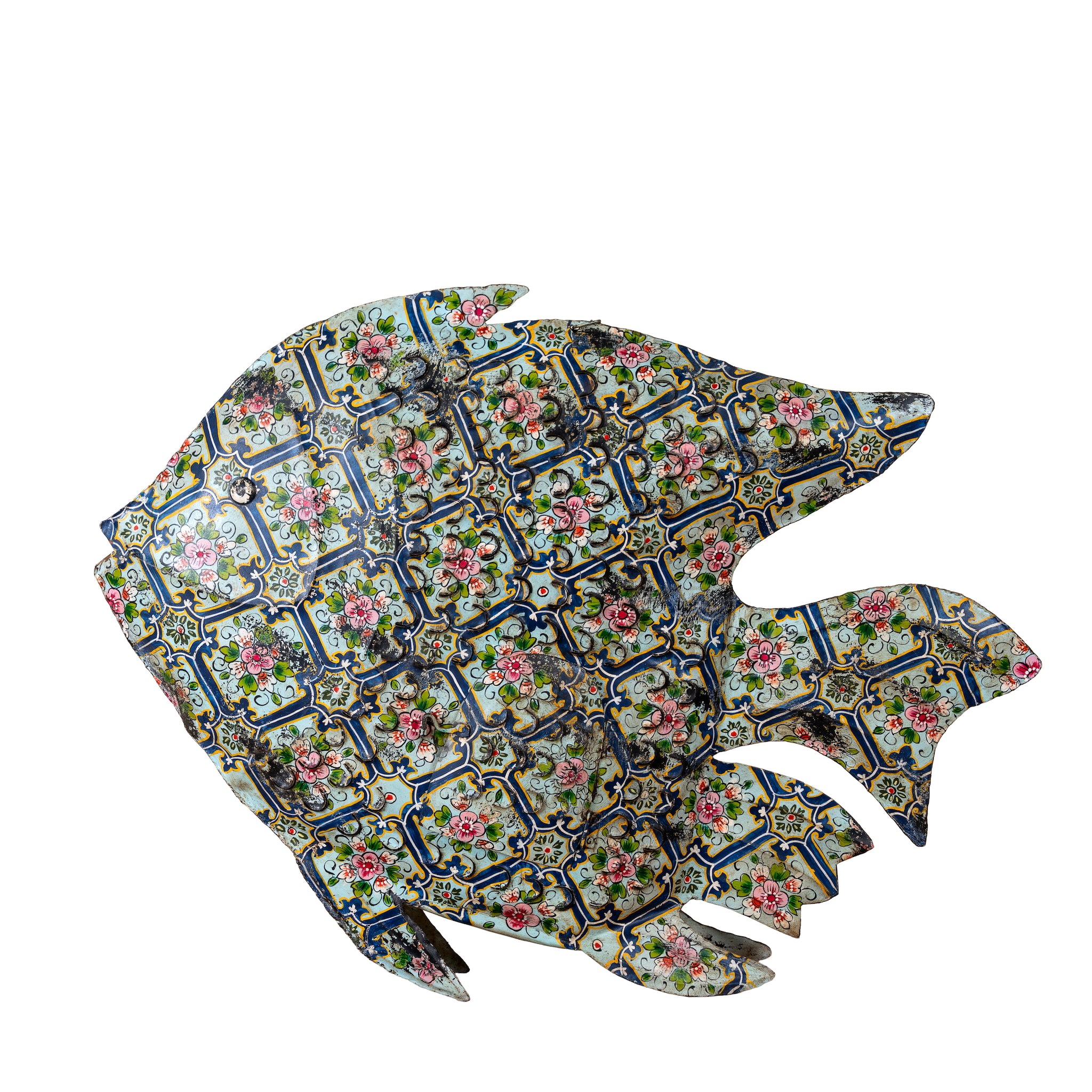 White background image of a Maah hand painted freestanding metal fish sculpture featuring Delft-inspired blue tile patterns with pink floral motifs, handcrafted decorative home accessory, 107x15x80cm.