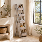Lifestyle image of a Maahir reclaimed wood ladder shelf crafted from original Indian brick moulds, 125cm