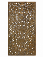 White background image of a hand-carved solid mango wood wall panel with floral designs and a striking grey-green finish, ideal as unique wall décor or a bed panel.