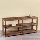 Side angle image of a Madan rustic reclaimed wood shelf made from driftwood with open shelving, natural wood textures, and handcrafted rustic design.