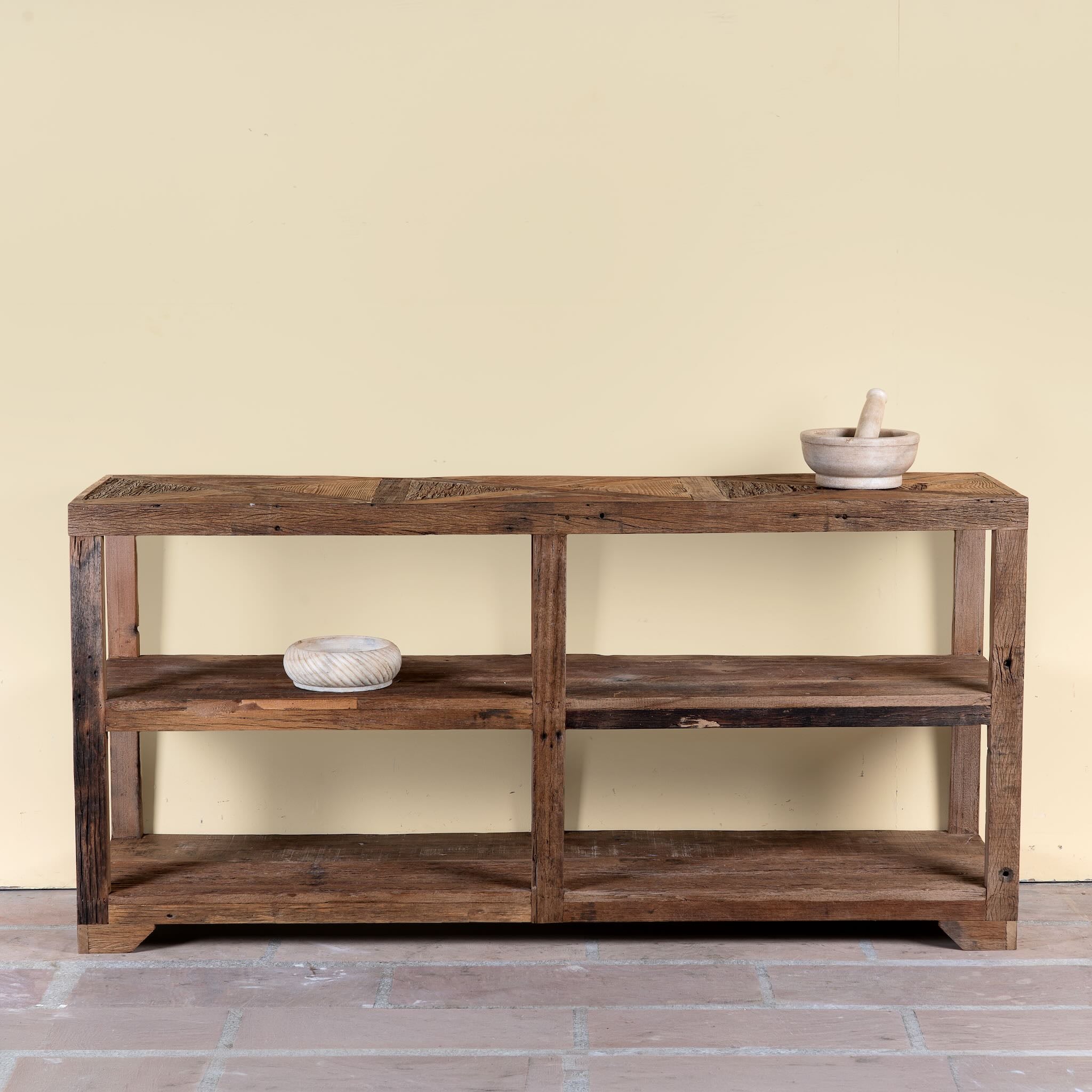 Madan rustic reclaimed wood shelf made from driftwood with open shelving, natural wood textures, and handcrafted rustic design.
