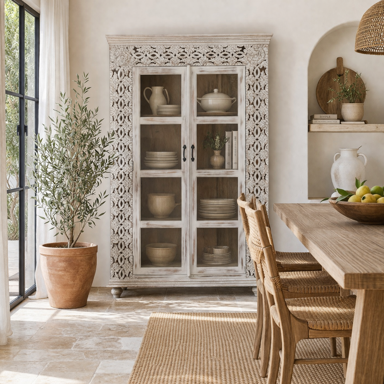 Lifestyle image of a handcrafted mango wood cabinet with glass-panelled doors and internal storage – carved wood furniture made from sustainable mango wood with unique natural grain.