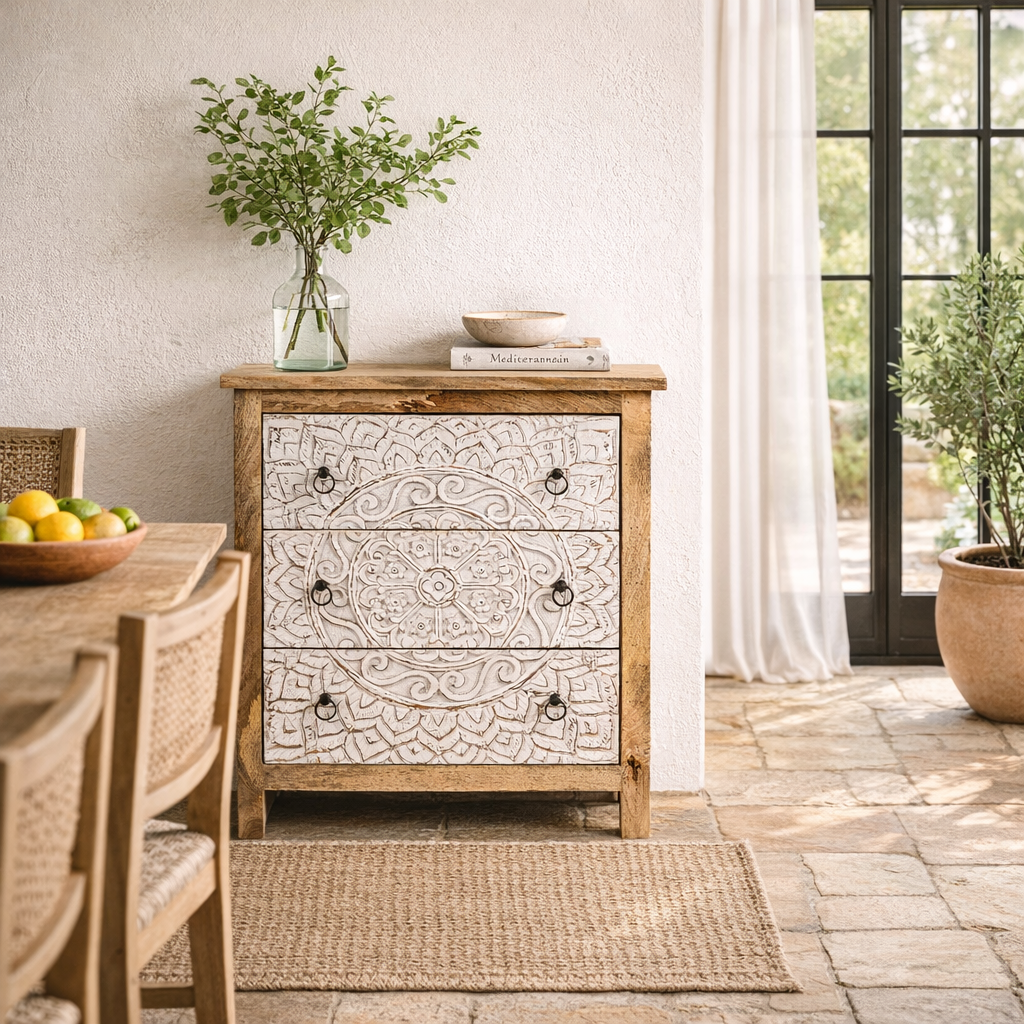 Lifestyle image of a mango wood carved chest of drawers with whitewashed floral engraved fronts, 80 × 40 × 90 cm.