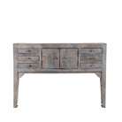 White background image of a console table wood with drawers and doors, ideal as an entryway table vintage statement piece.
