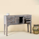 Gray console table wood with drawers and doors, ideal as an entryway table vintage statement piece.