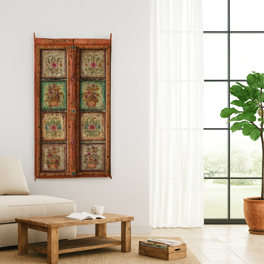 Lifestyle image of a hand-painted antique teak wood Indian door with floral motifs, rustic orange frame, reclaimed wood vintage wall panels for bohemian and vintage home decor.