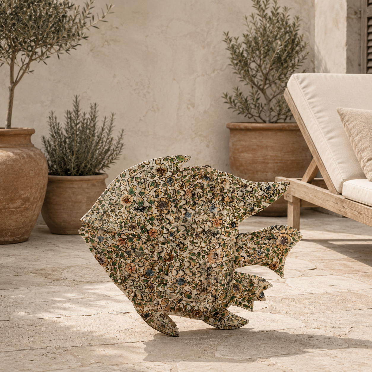 Lifestyle image of a Malini hand painted freestanding metal fish sculpture with intricate floral artwork in soft green, cream and earthy tones, handcrafted decorative home accessory, 107x15x80cm.