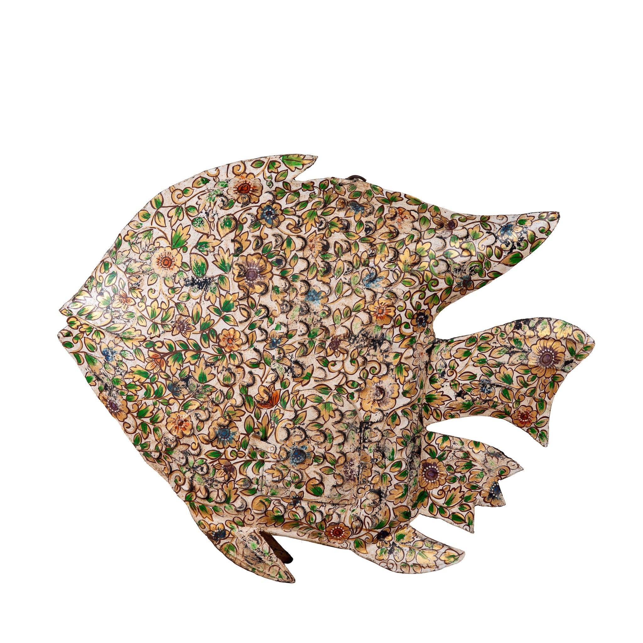 Wite background image of a Malini hand painted freestanding metal fish sculpture with intricate floral artwork in soft green, cream and earthy tones, handcrafted decorative home accessory, 107x15x80cm.