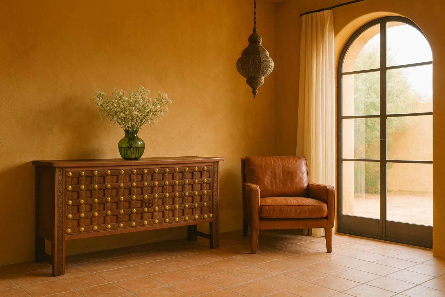 Lifestyle image of a reclaimed teak wood console table with antique door front and brass fittings; sustainable furniture, 170 × 90 × 48 cm.