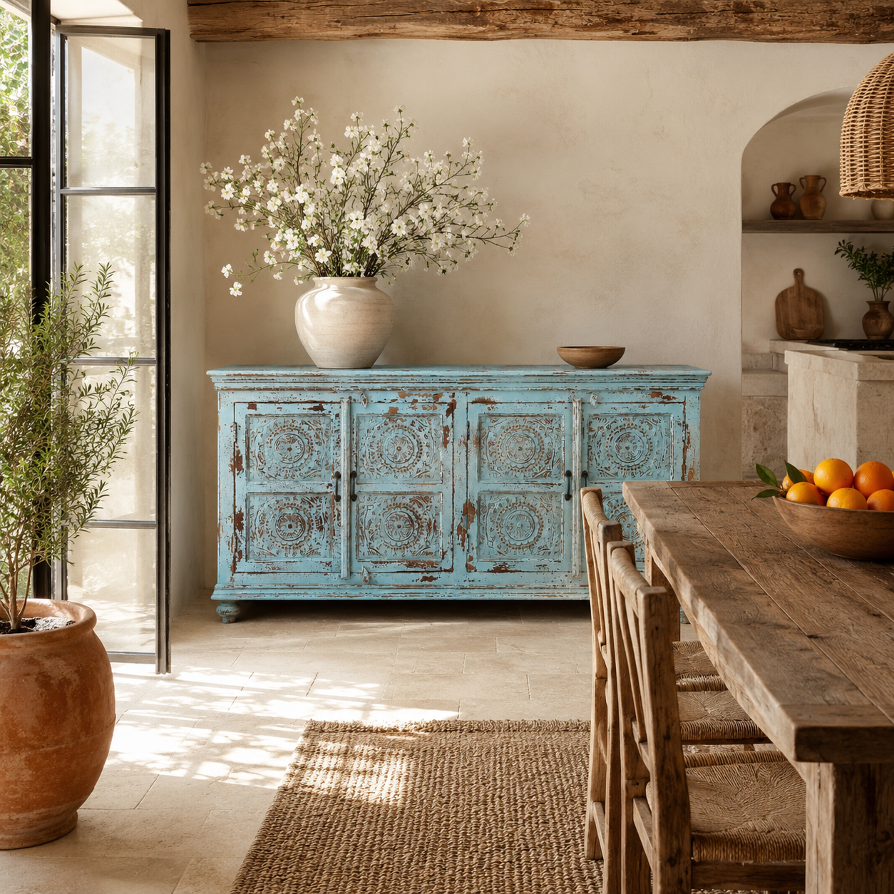 Lifestyle image of a Mandala Blue hand carved mango wood sideboard with floral mandala doors 180cm