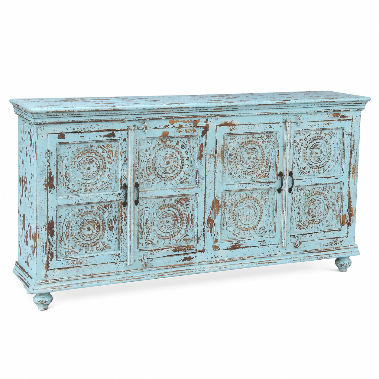 White background image of a Mandala Blue hand carved mango wood sideboard with floral mandala doors 180cm