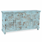 White background image of a Mandala Blue hand carved mango wood sideboard with floral mandala doors 180cm