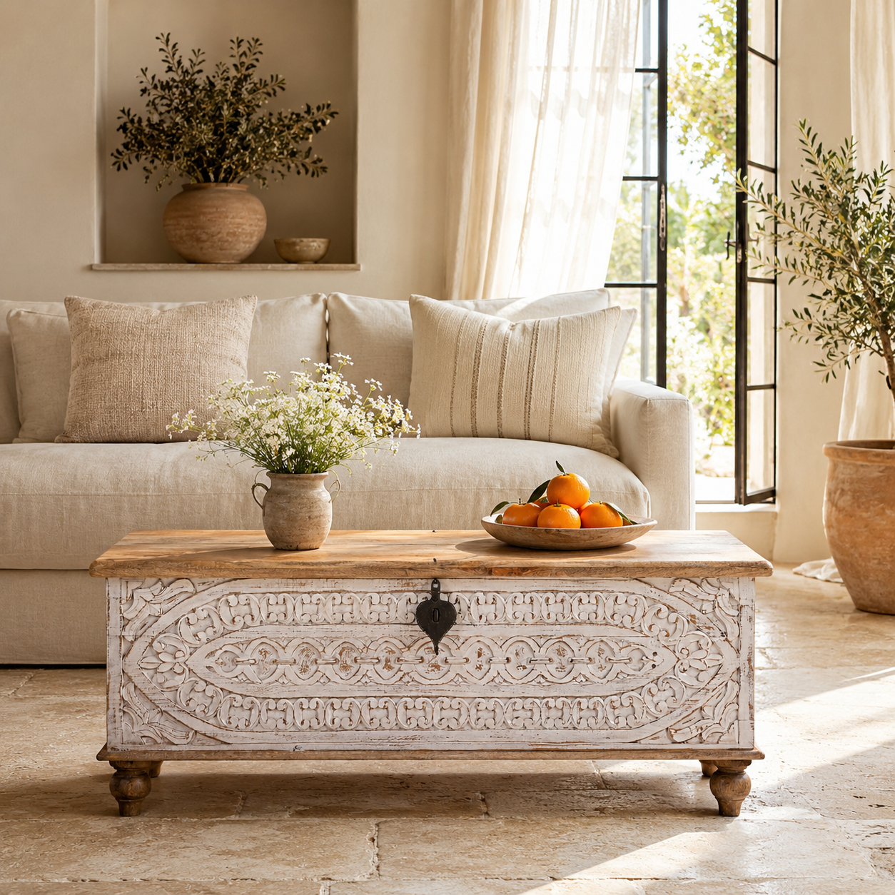 Lifestyle image of a hand-carved mango wood vintage chest with whitewashed finish and iron fittings – elegant storage for bohemian or rustic interiors.