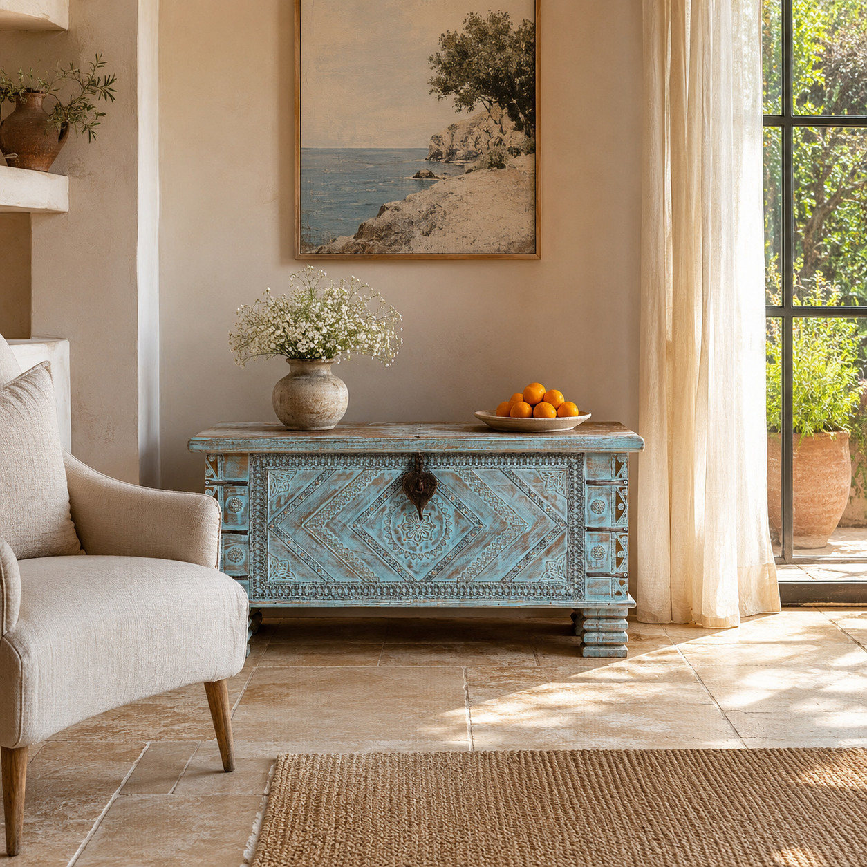 Lifestyle image of a blue hand-carved mango wood chest with floral and geometric carvings – wood chest box perfect for boho style storage or decorative accent.