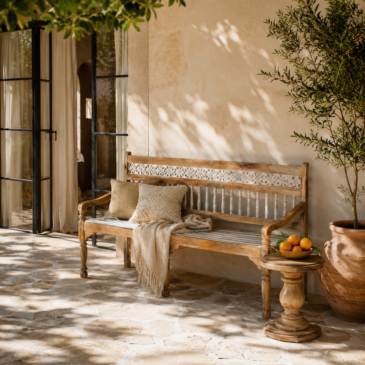 Mandi hand carved mango wood bench with floral backrest and spindle details, 176cm