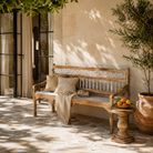 Mandi hand carved mango wood bench with floral backrest and spindle details, 176cm