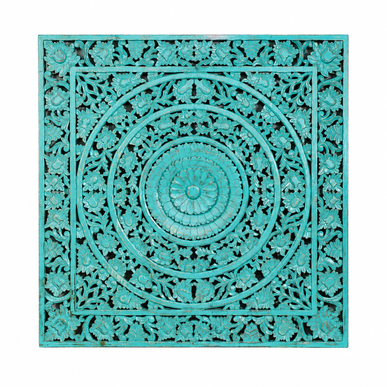 White background image of a hand-carved solid mango wood wall panel with Indian engravings and a striking green finish, ideal as unique wall décor or a bed panel.