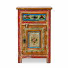White background image of a hand painted bedside table with floral motifs; sustainable furniture made of recycled wood, 45 × 35 × 70 cm.