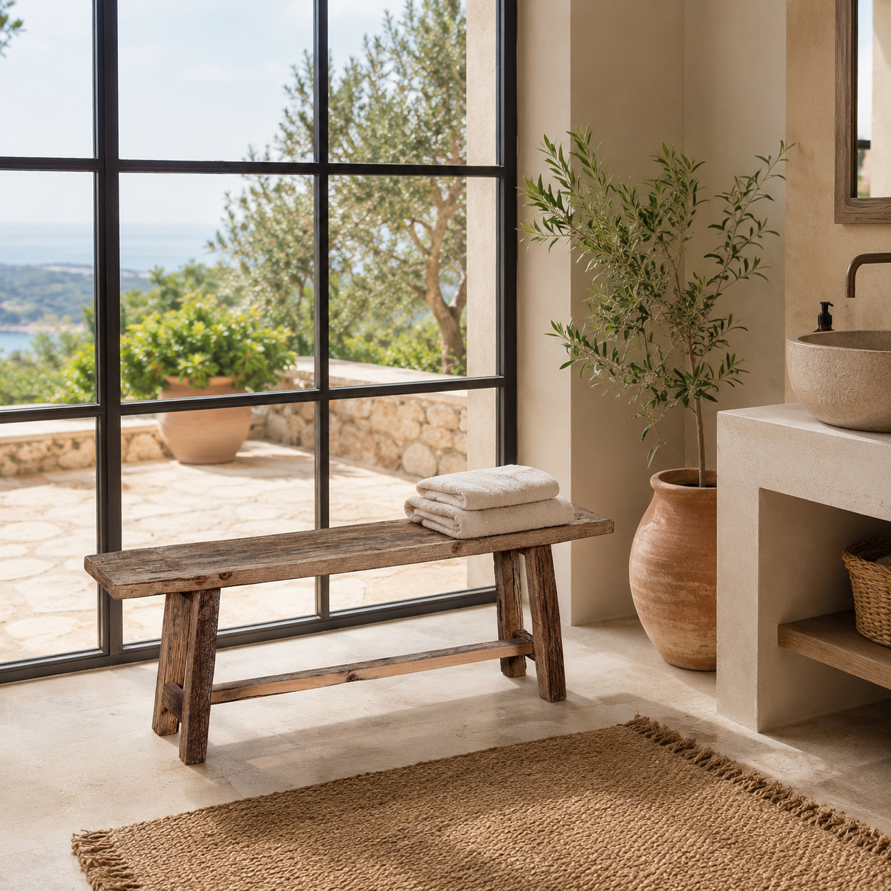 Medha rustic reclaimed wood bench with angled legs and aged driftwood character, 130cm