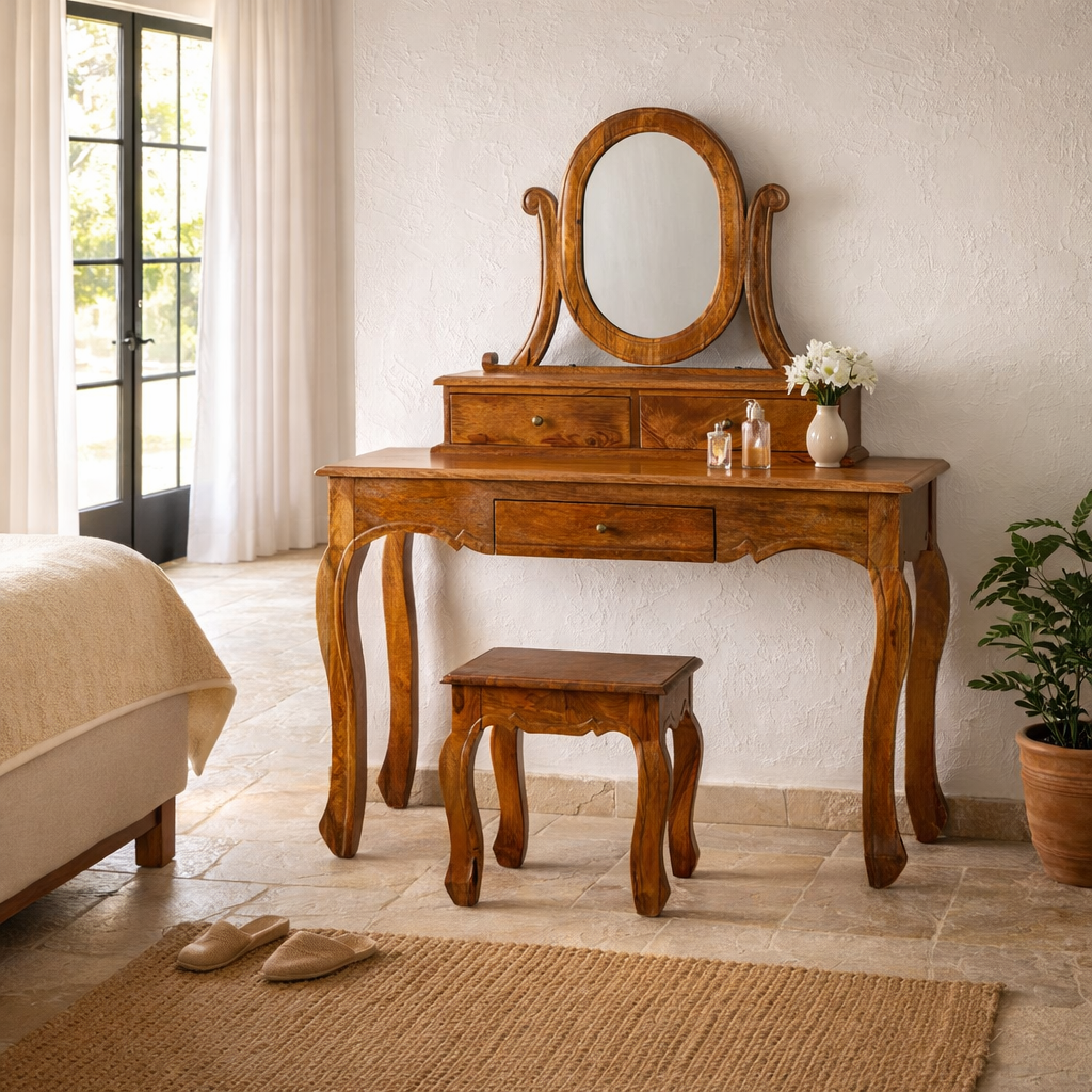 Lifestyle image of a wooden dressing table with mirror and matching chair, handcrafted mango wood table with drawers; vintage bedroom furniture, 110 × 50 × 145 cm.