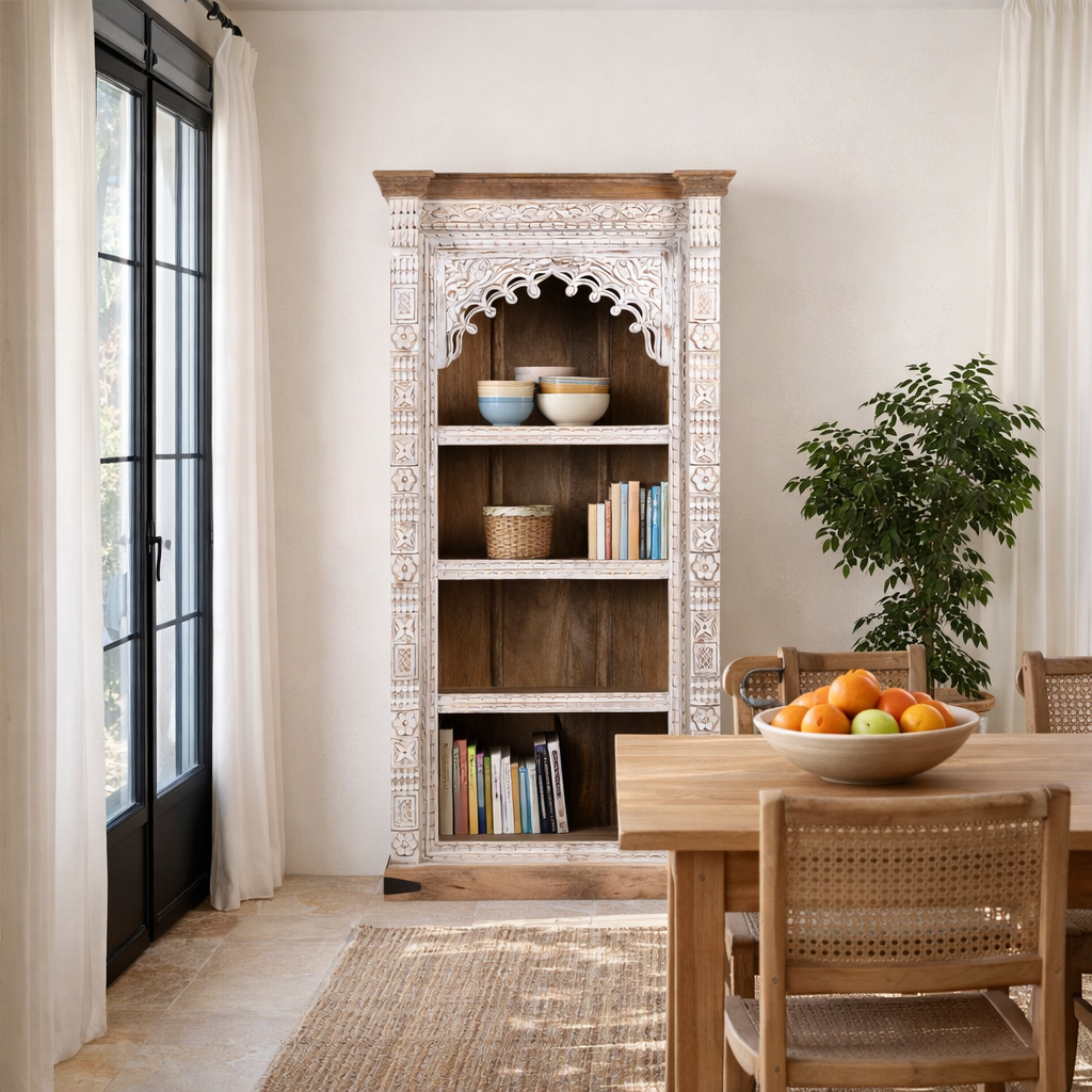 Lifestyle image of a hand-carved mango wood bookshelf with arched frame and whitewashed finish – carved wooden furniture and mango wood shelving with Indian-inspired design.