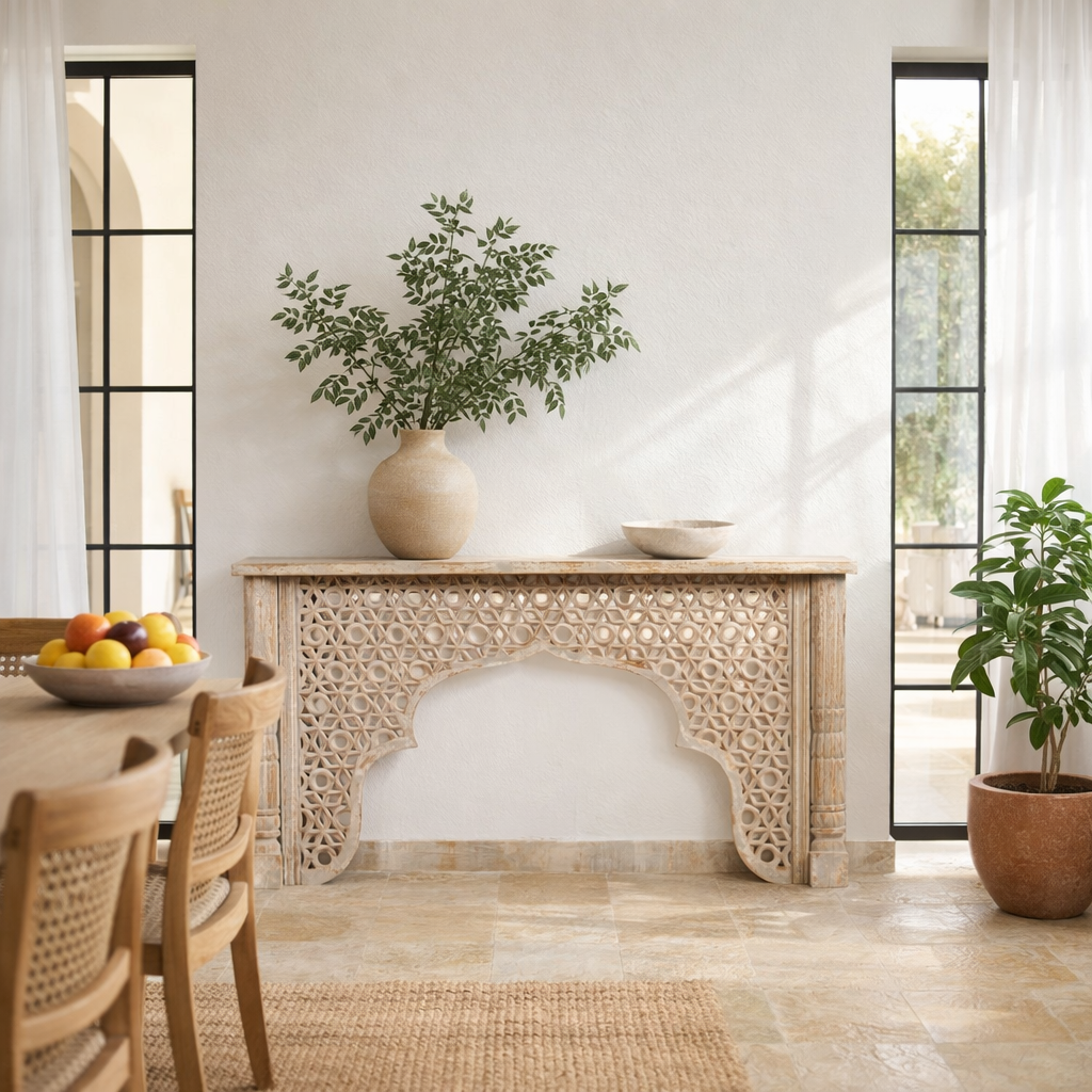 Lifestyle image of a hand carved mango wood console table in oriental style; unique hand carved furniture, 150 × 80 × 40 cm.