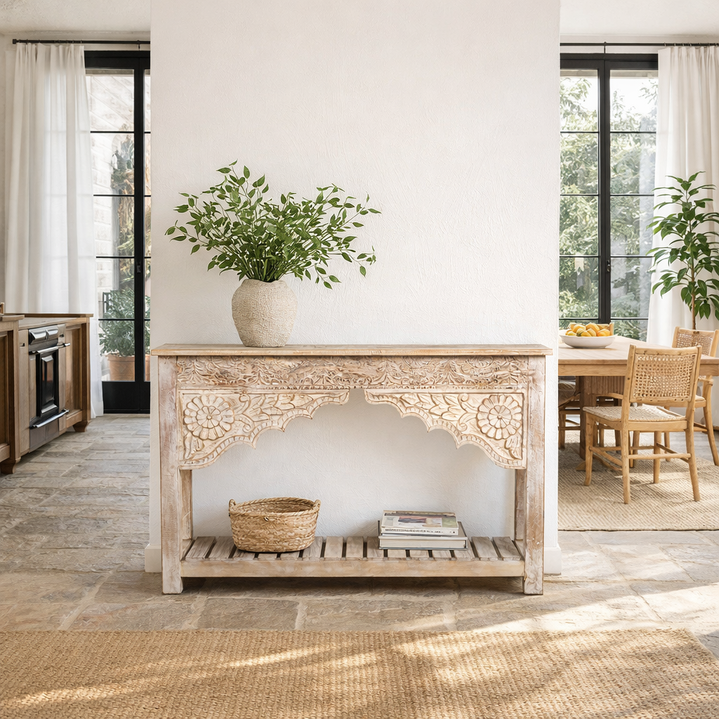 Kolkata carved wood console table in solid mango wood, vintage entryway table with floral motifs and storage shelf, 130 × 84 × 44 cm.