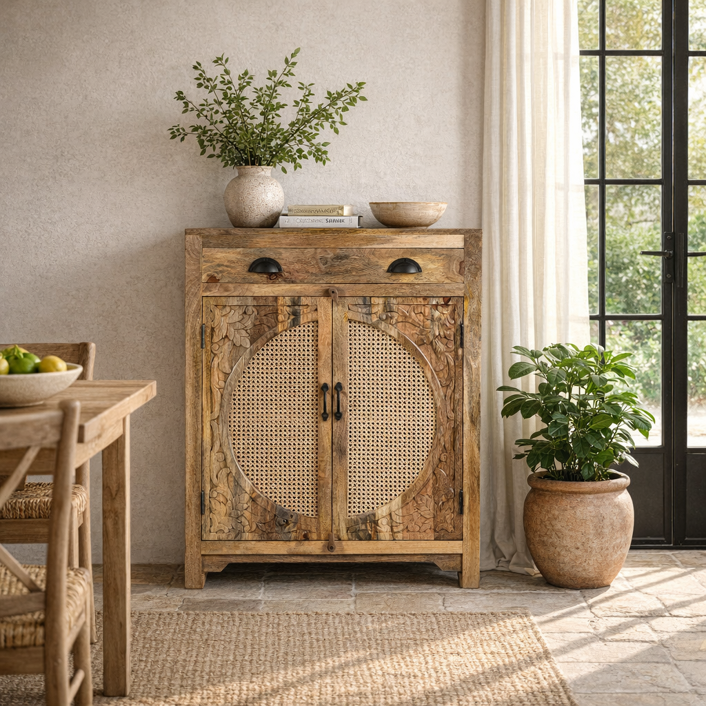 Lifestyle image of a mango wood cupboard with rattan door panels and hand‑carved Indian ornamentation, 80 × 40 × 104 cm.
