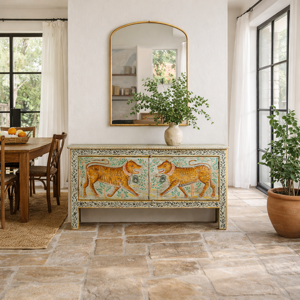 Lifestyle image of a reclaimed wood console table Alina in a Boho Tiger design, featuring hand-painted tigers and floral details. A bold piece of artisanal furniture perfect for colourful and eclectic bohemian interiors.