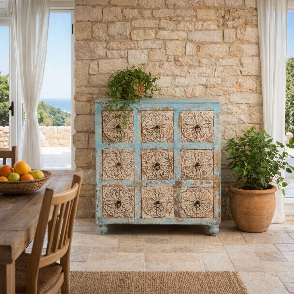 Lifestyle image of a hand-carved mango wood vintage chest of drawers with blue body and whitewashed floral fronts; perfect as an entryway table vintage accent, 90 × 100 × 40 cm.