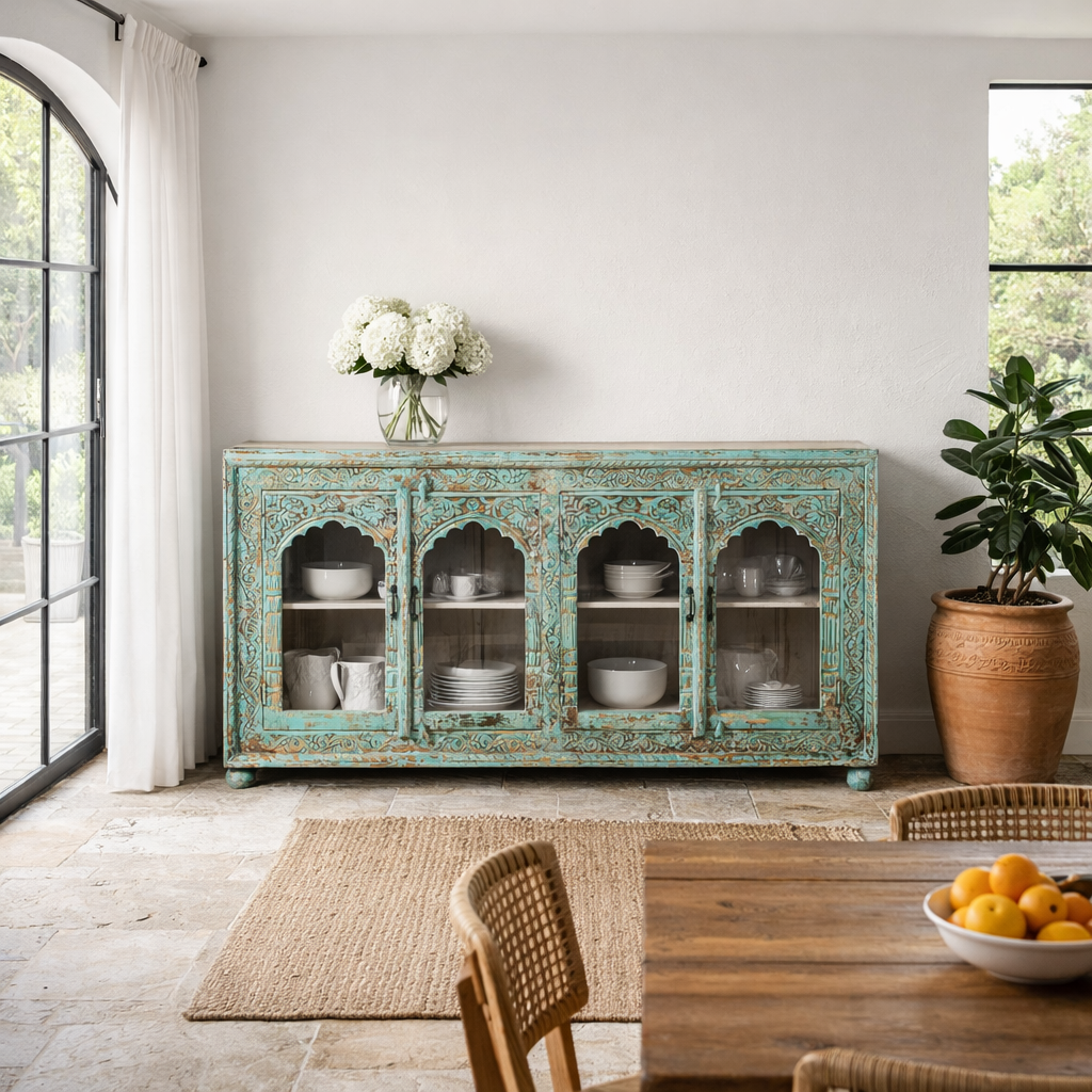 Lifestyle image of a Jesar handcrafted turquoise-washed carved wooden sideboard with Indian motifs and open compartments; ideal as living room furniture or carved showcase, 180 × 100 × 40 cm.