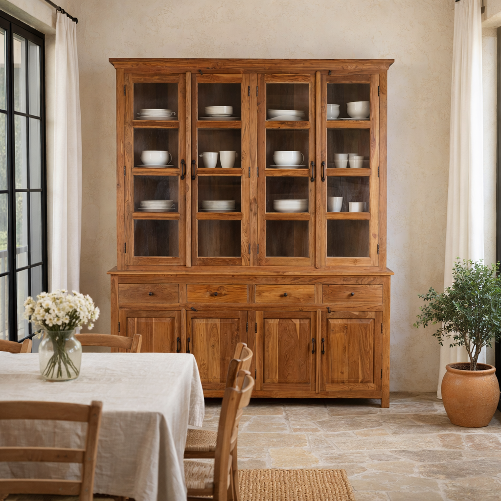 Lifestyle image of a of a two-part showcase cabinet made from reclaimed teak wood, featuring glass-panel upper doors for display, four drawers for storage, and lower cabinets with solid wood doors in a natural finish.