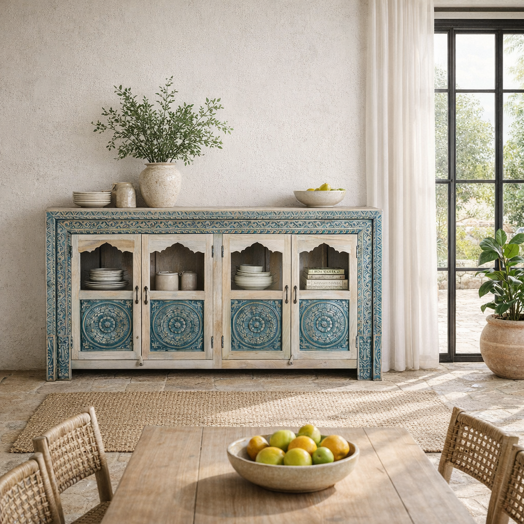 Lifestyle image of a hand carved showcase made of natural mango wood in white washed with blue floral accents and half glass doors in vintage design.