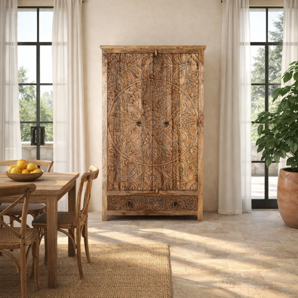 Lifestyle image of a mango wood wardrobe with hand-carved floral detailing, Indian carved wooden furniture with bottom drawer, 105 × 40 × 180 cm.
