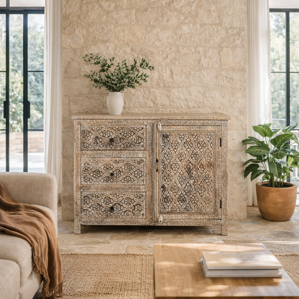 Lifestyle imagination of a mango wood furniture sideboard with hand-carved detailing and distressed style finish, vintage furniture storage cabinet, 120 × 40 × 90 cm.