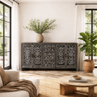 Lifestyle imagination of a of a hand-painted blue and white sideboard made of reclaimed wood – Kaira model by Om Home & Garden