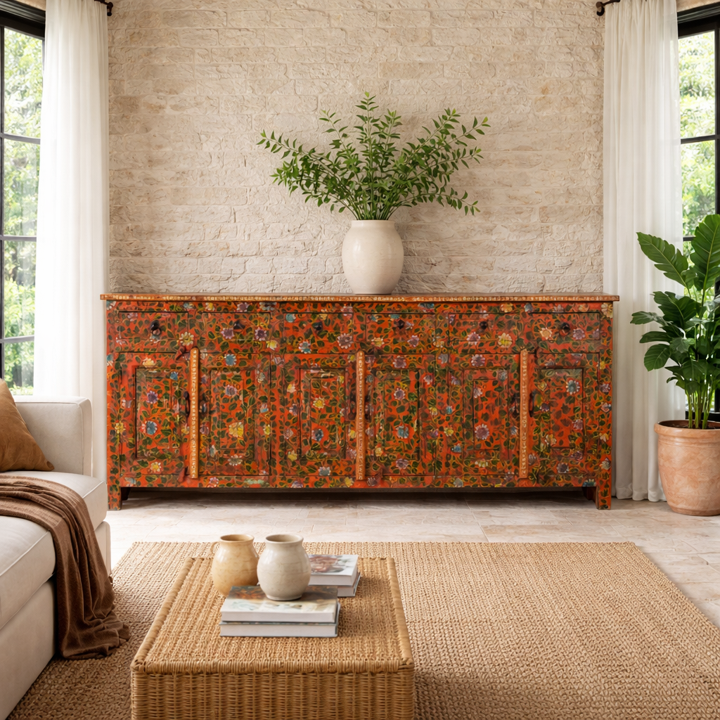 Lifestyle image of a of a hand painted sideboard made of reclaimed wood in boho design with ample storage.