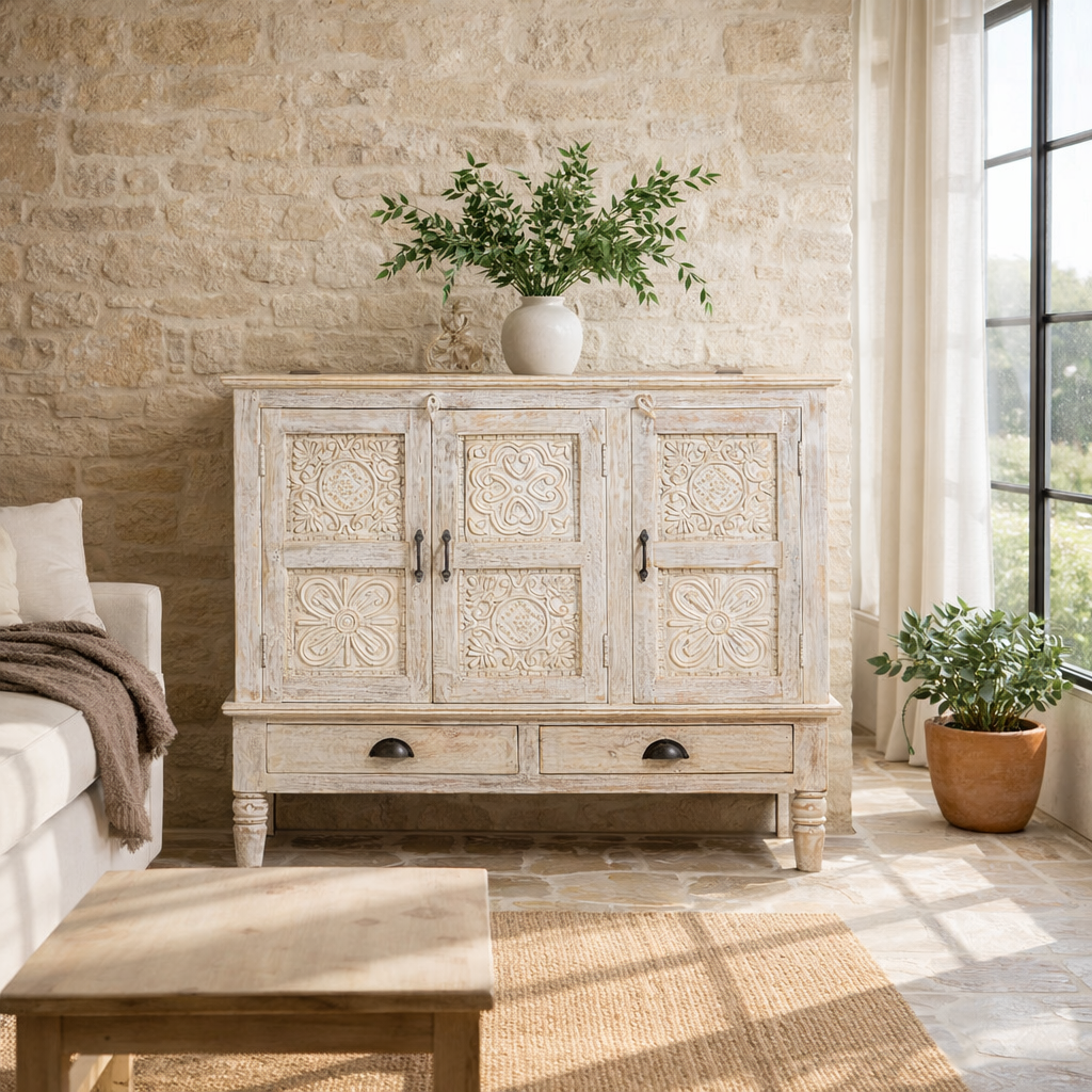 Lifestyle imagination of a whitewashed hand carved wooden sideboard made from solid mango wood with floral patterns, 3 doors and 2 drawers; artisanal mango wood furniture, 120 × 100 × 40 cm.