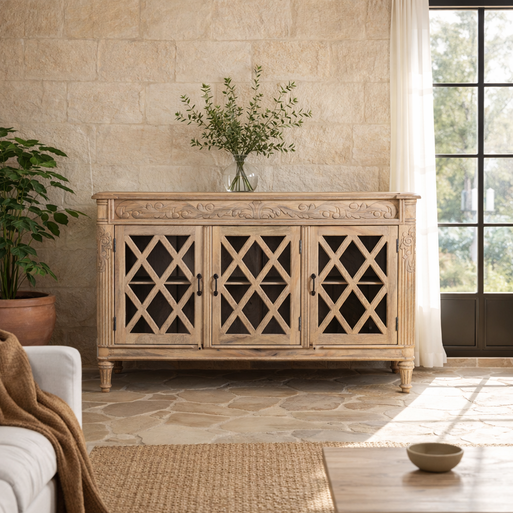 Lifestyle imagination of a rustic sideboard made of Mango wood with hand-carved details and glass panelled doors featuring a diamond lattice design.