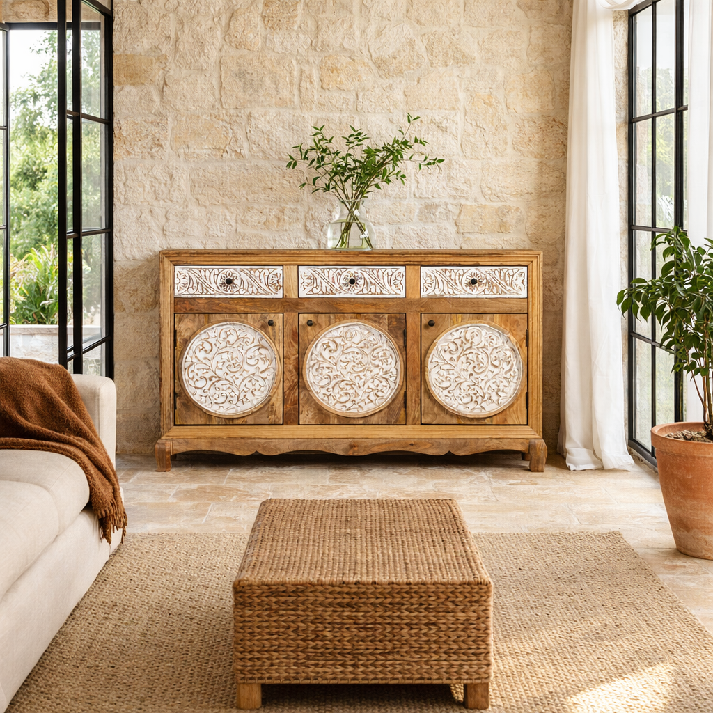 Lifestyle imagination o a hand carved wooden sideboard made from mango wood with floral carvings and curved base, mango wood furniture with storage, 150 × 40 × 95 cm.