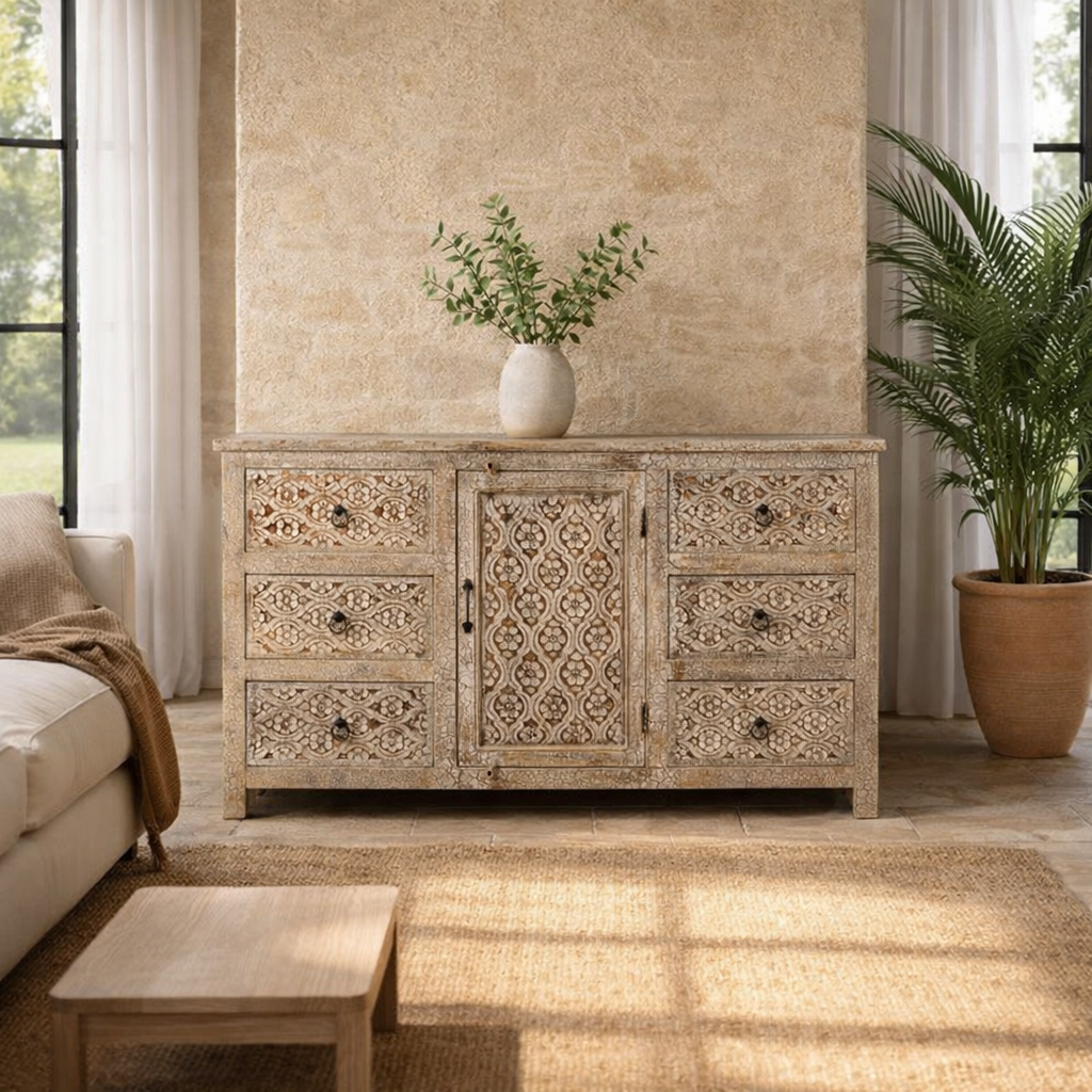 Lifestyle imagination of a vintage mango wood furniture sideboard with hand-carved details and distressed style finish, 150 × 40 × 90 cm.