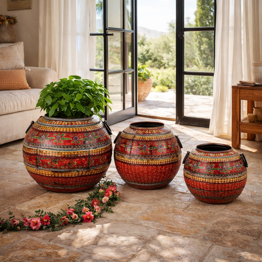Lifestyle imagination of a set of 3 round hand-painted iron pots with silver floral designs on blue background, artisanal Indian home accessories and vintage decor accents.