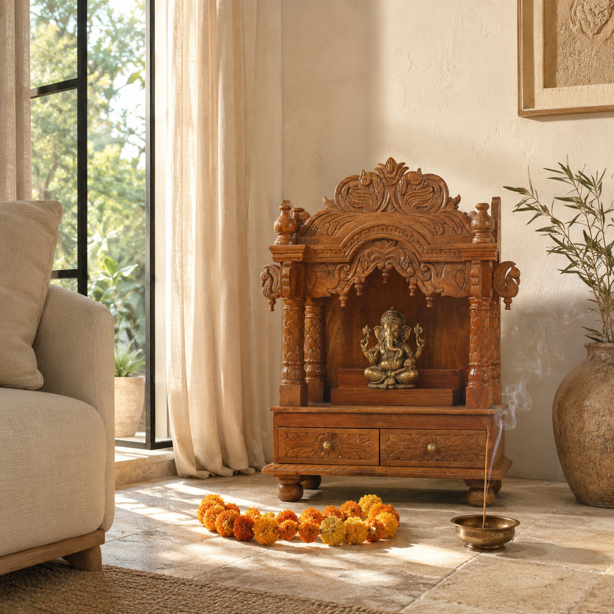 Lifestyle image of a Meher hand carved mango wood mandir with traditional Indian temple details and two small drawers.
