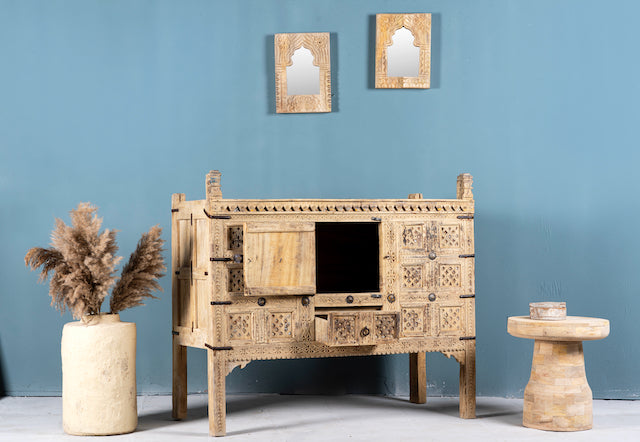 Reclaimed Indian Damchya chest with carved wood panels and rustic finish – traditional Rajasthani furniture for vintage and heritage-inspired interiors.